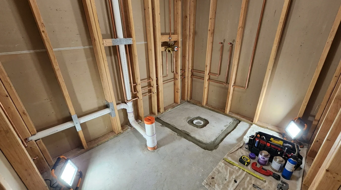 Bathroom rough-in plumbing during remodel by Johns Plumbing LLC in Waltham