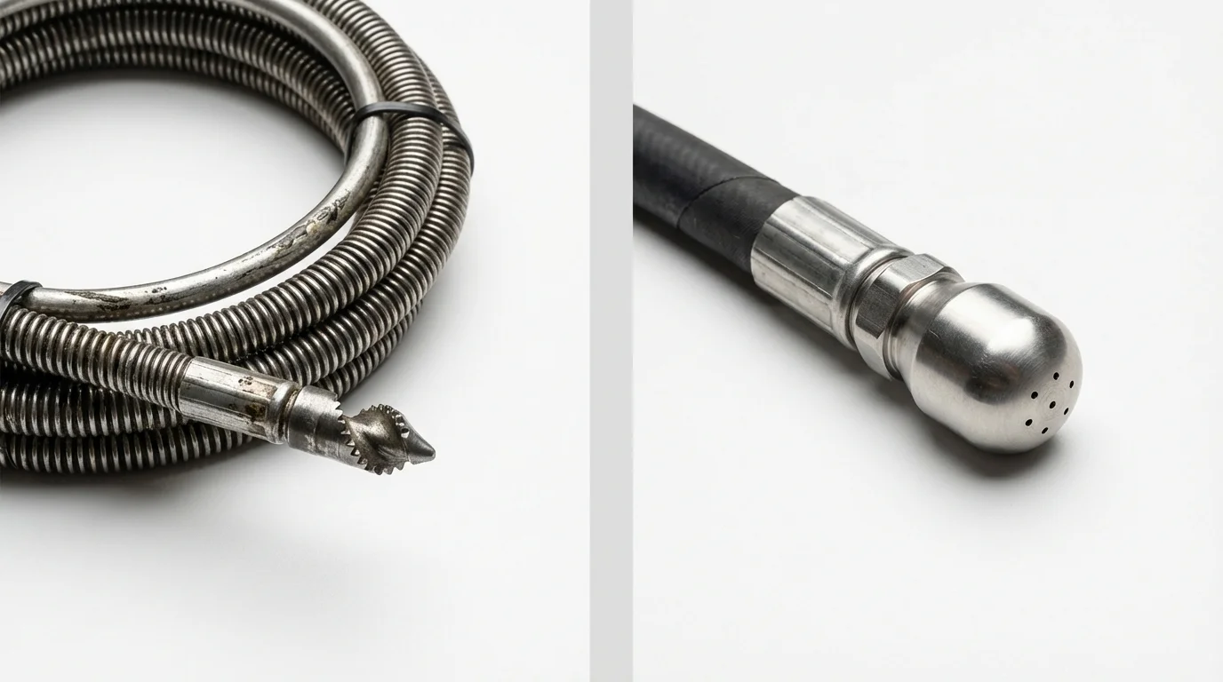 Drain snake cable and hydro jetting nozzle used for drain cleaning in Waltham, MA