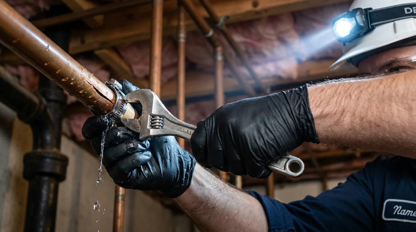 Emergency pipe clamp repair being performed by a Johns Plumbing LLC plumber in Waltham