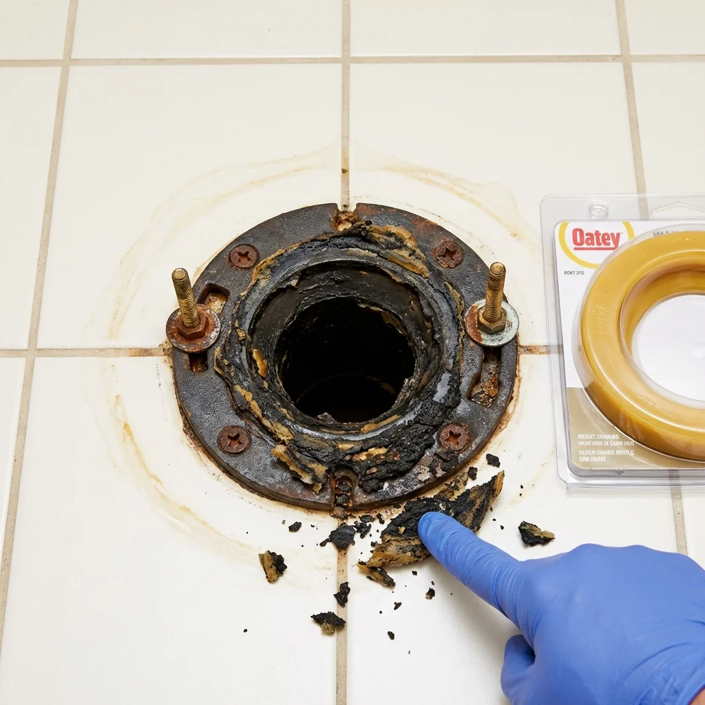 Failed wax ring showing water seepage at the base of a toilet in a Waltham, MA home