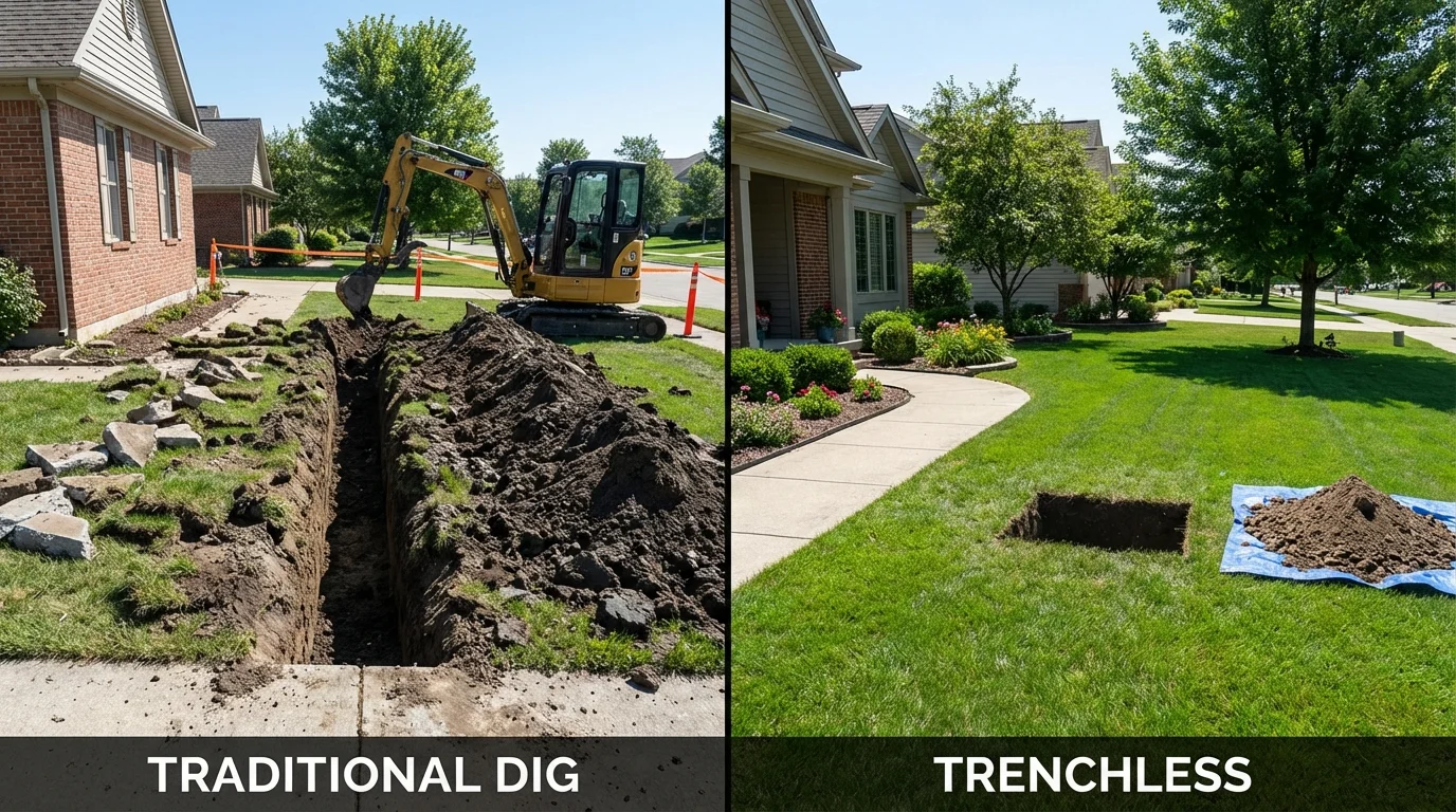 Trenchless sewer repair with minimal yard damage versus traditional excavation in Waltham, MA
